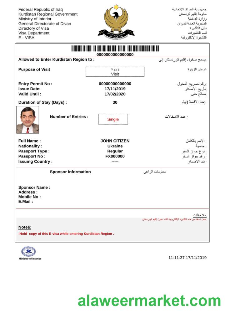 Iraq e-visa in Word and PDF template
